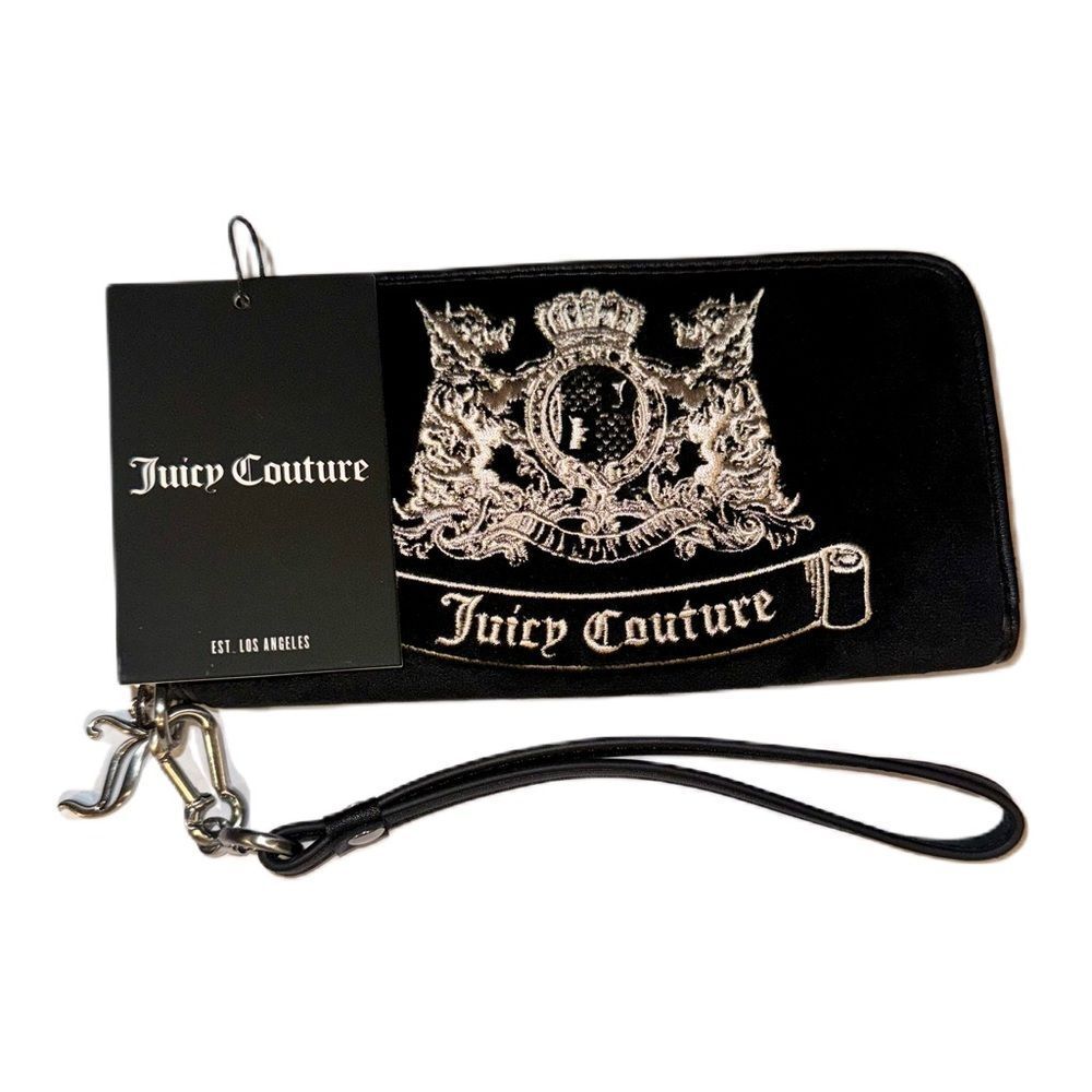 Juicy Couture Black Velour Twig Dogs Logo Embroidered Wallet Wristlet Clutch Bag - Picture 2 of 13
